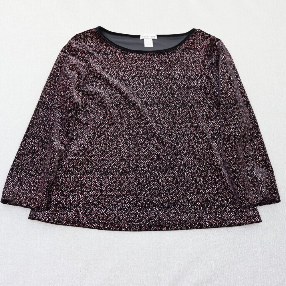 2/$20 Vintage Notations Glitter Top Blouse XL Bedazzled Round Neck Purple Black